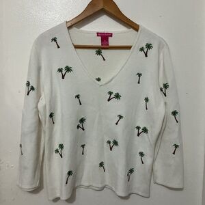 Alexandra Bartlett Cream Sweater with Palm Tree Embroidery. Size L. (XL)